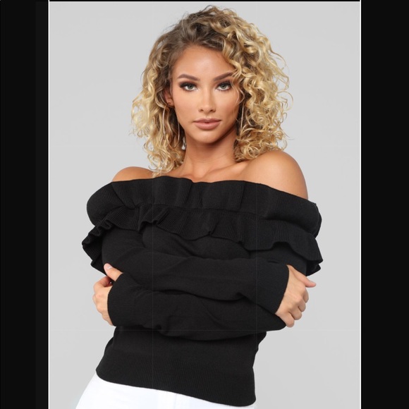 Sweaters - Black off shoulder (ruffle detail) sweater
